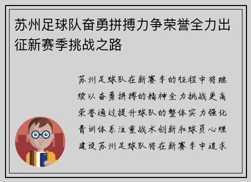 苏州足球队奋勇拼搏力争荣誉全力出征新赛季挑战之路