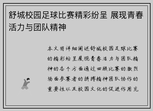 舒城校园足球比赛精彩纷呈 展现青春活力与团队精神