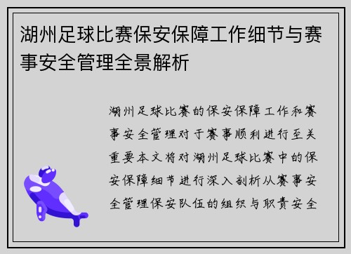 湖州足球比赛保安保障工作细节与赛事安全管理全景解析