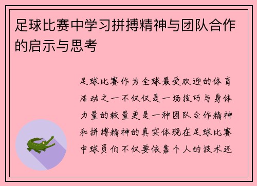 足球比赛中学习拼搏精神与团队合作的启示与思考