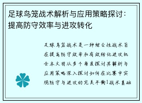 足球鸟笼战术解析与应用策略探讨：提高防守效率与进攻转化