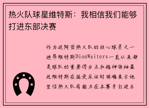 热火队球星维特斯：我相信我们能够打进东部决赛