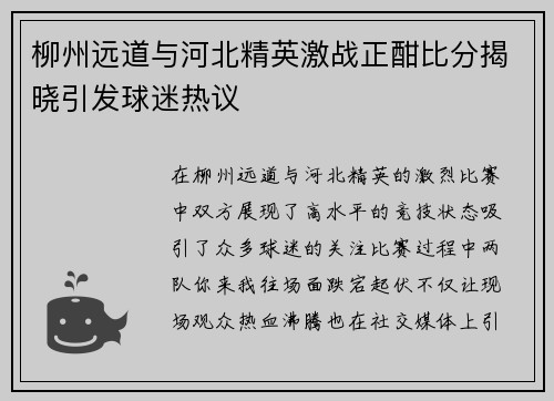 柳州远道与河北精英激战正酣比分揭晓引发球迷热议