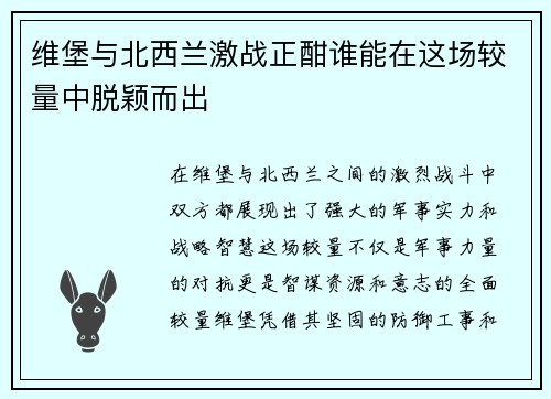 维堡与北西兰激战正酣谁能在这场较量中脱颖而出