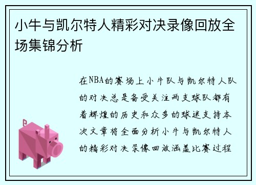 小牛与凯尔特人精彩对决录像回放全场集锦分析
