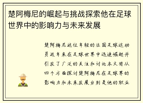 楚阿梅尼的崛起与挑战探索他在足球世界中的影响力与未来发展