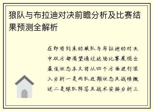 狼队与布拉迪对决前瞻分析及比赛结果预测全解析
