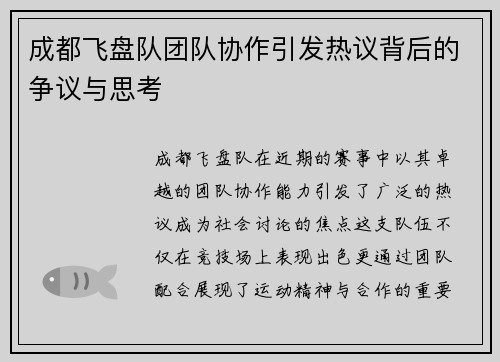 成都飞盘队团队协作引发热议背后的争议与思考